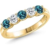 Gem Stone King 10K Yellow Gold London Blue Topaz and White Topaz Wedding-Bands Ring For Women | 1.09 Cttw | Round 3.5MM | Gemstone November Birthstone
