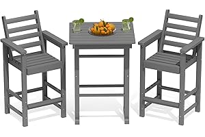 Kingdura Balcony Adirondack Chairs and Table 3 Pieces Set, Adirondack Bar Height Chairs Set of 2 with Matching Bar Table, HDPE Outdoor Bar Stools Set for Bistro, Garden, Poolside (Grey)