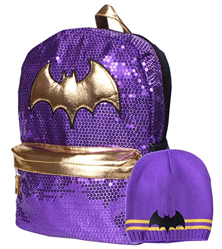 DC Comics Super Hero Girls Batgirl Purple Sequin 16 Backpack and Beanie Set