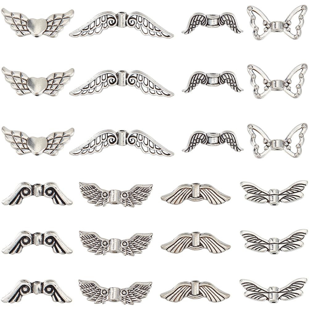 SUNNYCLUE 128Pcs Wing Beads Christmas Angel Wings Beads Antique Tibetan Style Silver Winged Butterfly Alloy Feather Vintage Spacers Carved Bead for Earring Necklace Bracelet jewellery Making Keychain