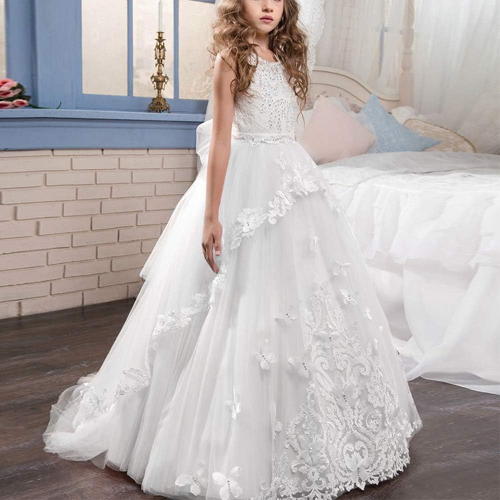 IWEMEK Appliques Vestido de Primera Comunión Princesa Vestido de Niña de  Flores Vestidos de Dama De Honor de Cordón Tul Boda Sin Mangas Cumpleaños  Bola Navidad Pageant Cóctel Fiesta Vestir 2-13 Años
