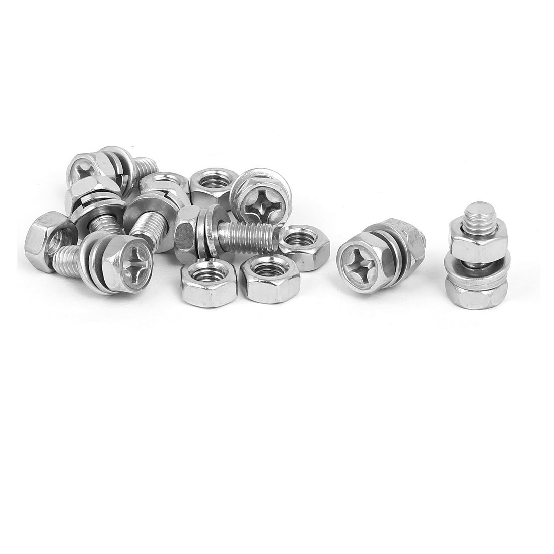 Sourcingmap M6 x 14mm 304 Stainless Steel Phillips Hex Head Bolts Nuts w Washers 8 Sets