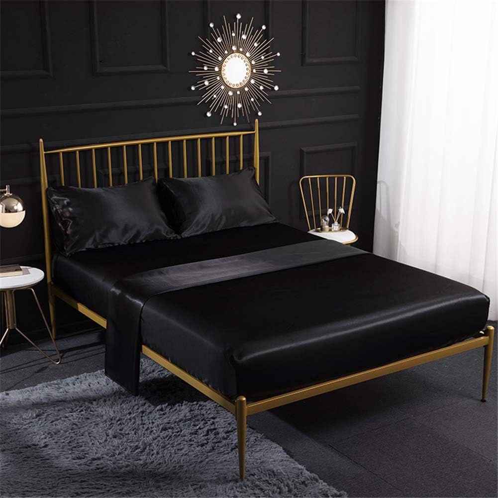 Josuka 6- Pieces Silk Bed Sheet Set Luxury Rich Satin Black Smooth and Silky with Deep Pocket Fitted Sheet,Solid Color Ultra Soft Hypoallergenic Reversible Stain-Resistant (Full, Black)