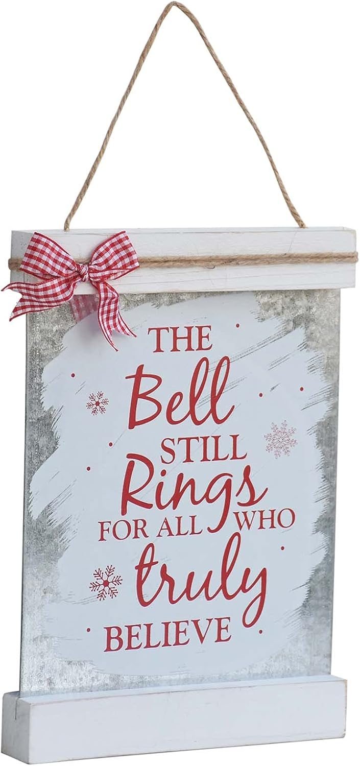 Wreath Hangers - CreativeWise Small Christmas Hanging Sign,Galvanized Metal and Wood Tabletop Decor with Quotes“The Bell Still Rings for All Who Truly Believe”，Farmhouse Style