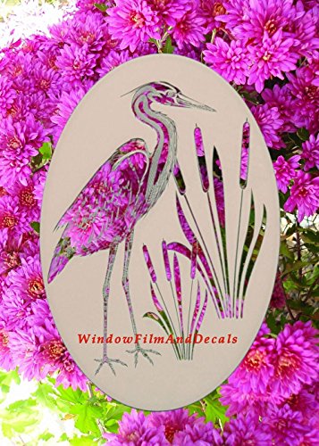 Oval Egret & Cattails Left Etched Window Decal Vinyl Glass Cling - 21" x 33" - White with Clear Design Elements