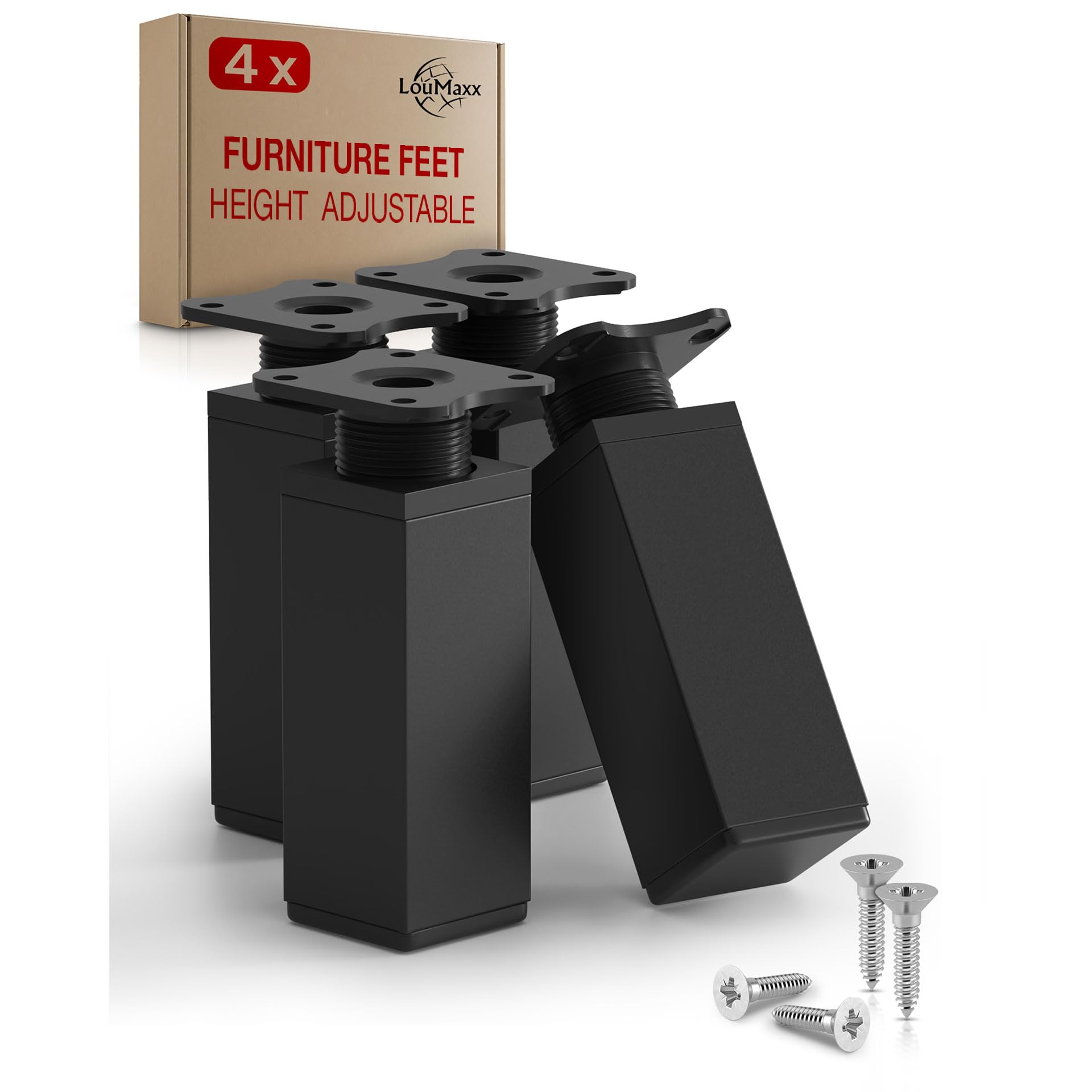 LouMaxx Adjustable Square Furniture Feet - Set of 4-40 x 40 x 60 mm in Black (40 x 40 x 100 mm)