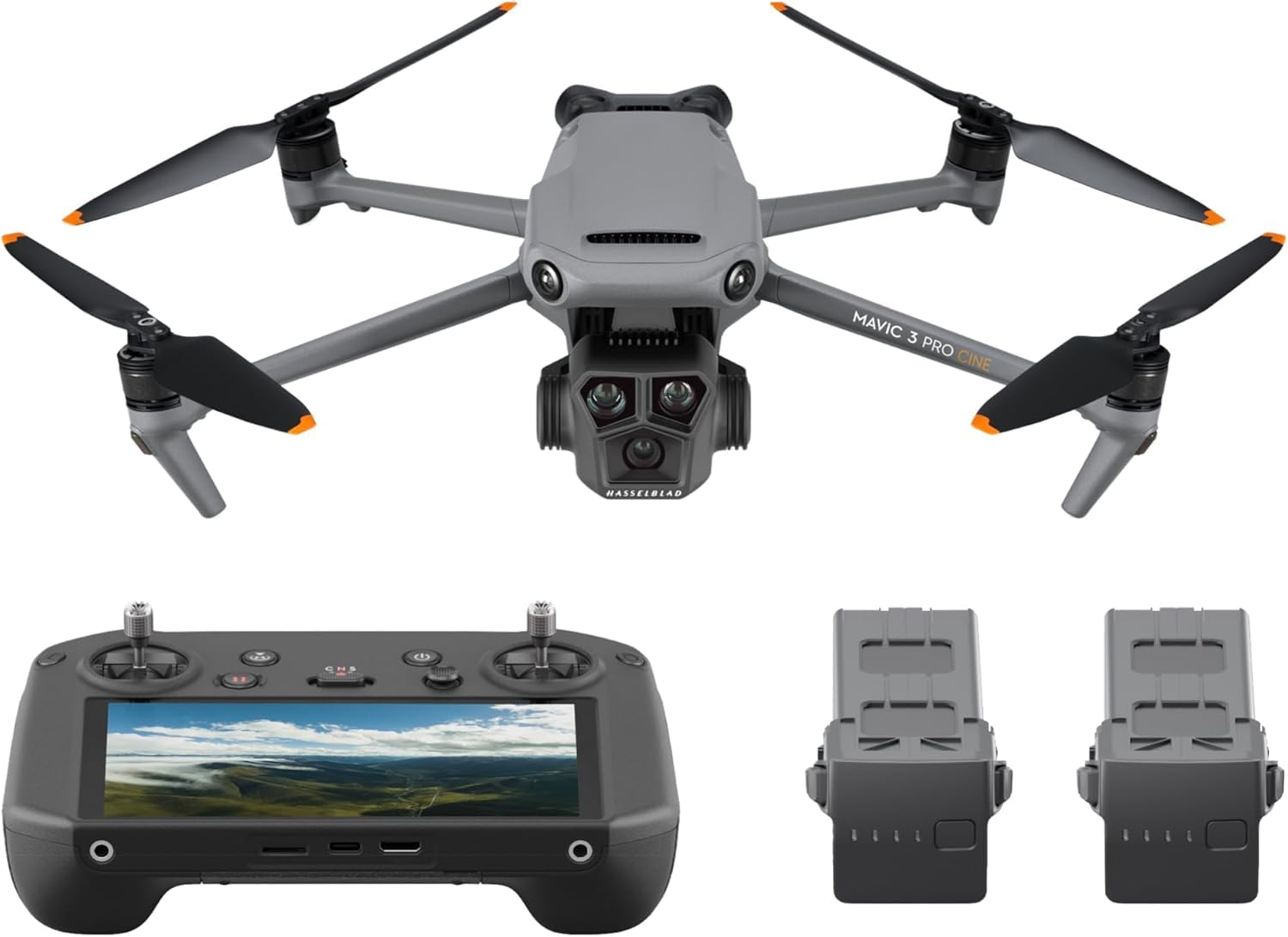 DJI Mavic 3 Pro Cine con DJI RC Pro (schermo ad alta luminosità), drone con tripla fotocamera, supporto per Apple ProRes con memoria interna di 1TB. 3 Batterie di volo intelligenti e altro ancora