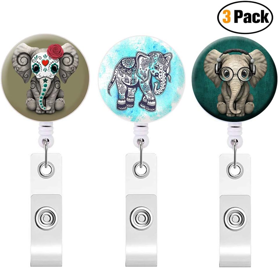ID Badge Clip,Badge Reel Retractable Badge Holder with Alligator Clip ID Badge Reels,Nurse Badge Reel Decorative Badge Holder (Badge-Elephant 3pack)