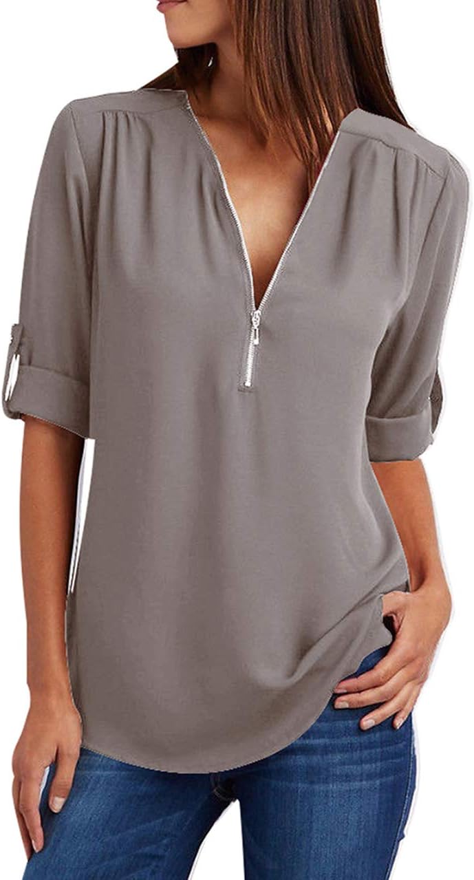 Women's Chiffon Blouse Roll-Up Sleeve V Neck Zipper Casual Shirt Loose Top
