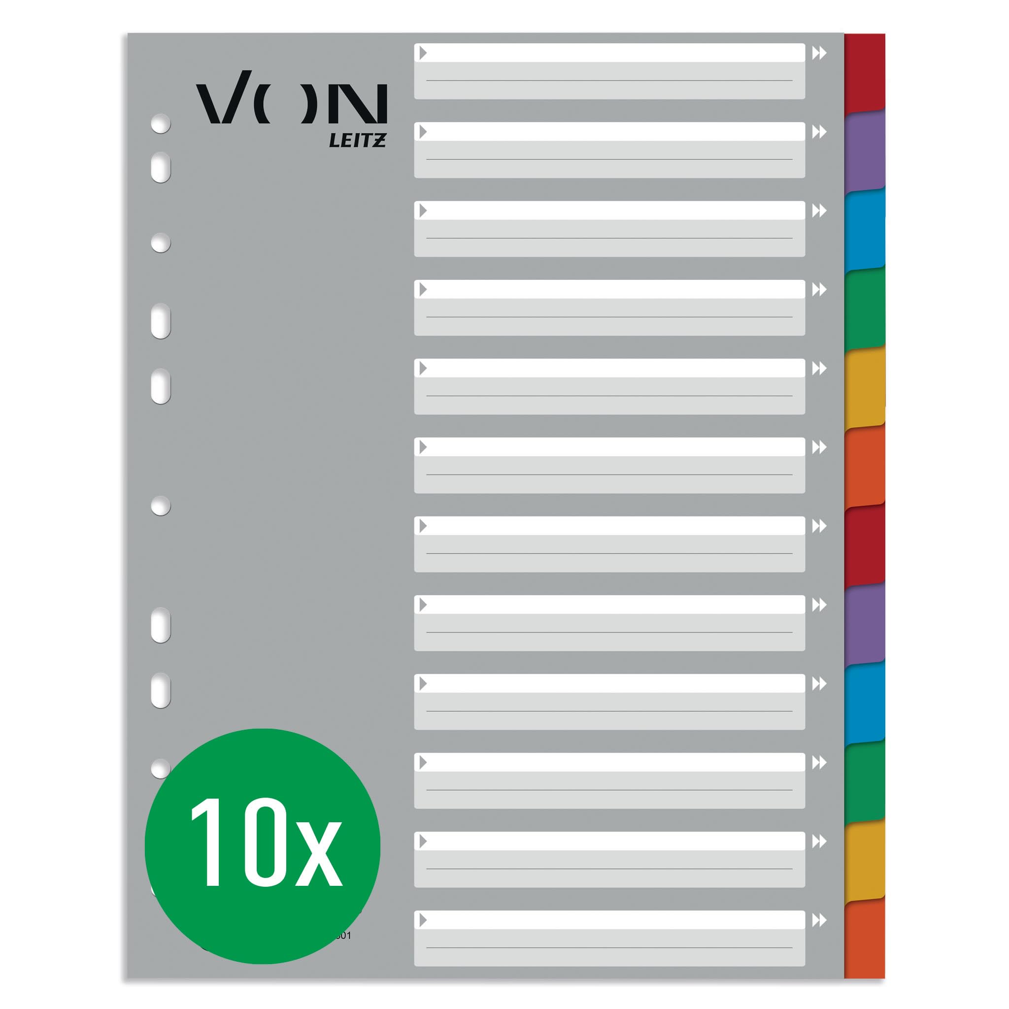 VON Pack of 10 12 Part Index A4 Blank Dividers for Folders, by Leitz, Extra Wide, 100% Recycled Cardboard, 11-Hole Universal Index for Binders & Ring Binders, Multicoloured, 13010000