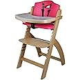 Abiie Beyond Junior Wooden High Chair with Tray. The Perfect Adjustable Baby Highchair Solution for Your Babies and Toddlers or as a Dining Chair. 6 Months up to 250 Lb. Natural Wood/Pink Cushion