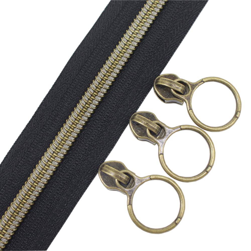 YaHoGa #5 Antique Brass Metallic Nylon Coil Zippers Continuous Zipper Black Tape (9 Meters + 20pcs Sliders) for Sewing Tailor DIY Craft Bag (Anti-Brass Black)