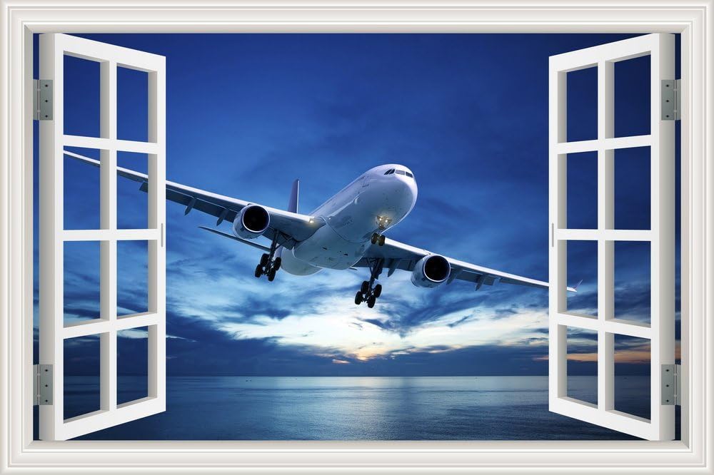 GreatHomeArt Removable Wall Sticker Decor Decals Airplane 3D Wall Murals Window View Removable Prints Poster for Kids Room Bedroom Wallpaper Peel and Stick 32x48 inches