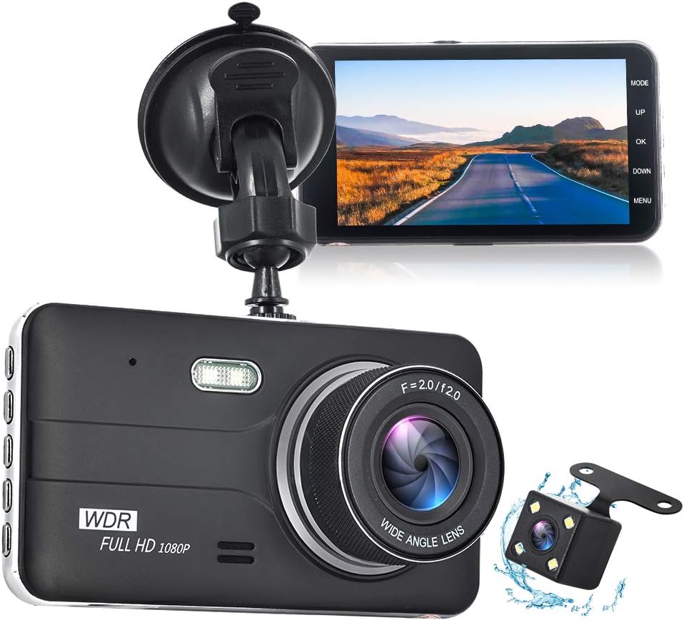 Front and Rear Dual Dash Cam 1080P DVR Dashboard Camera Full HD 4 Inch IPS Screen 170°Wide Angle, WDR, G-Sensor, Loop Recording, Parking Monitor, Motion Detection, Night Vision