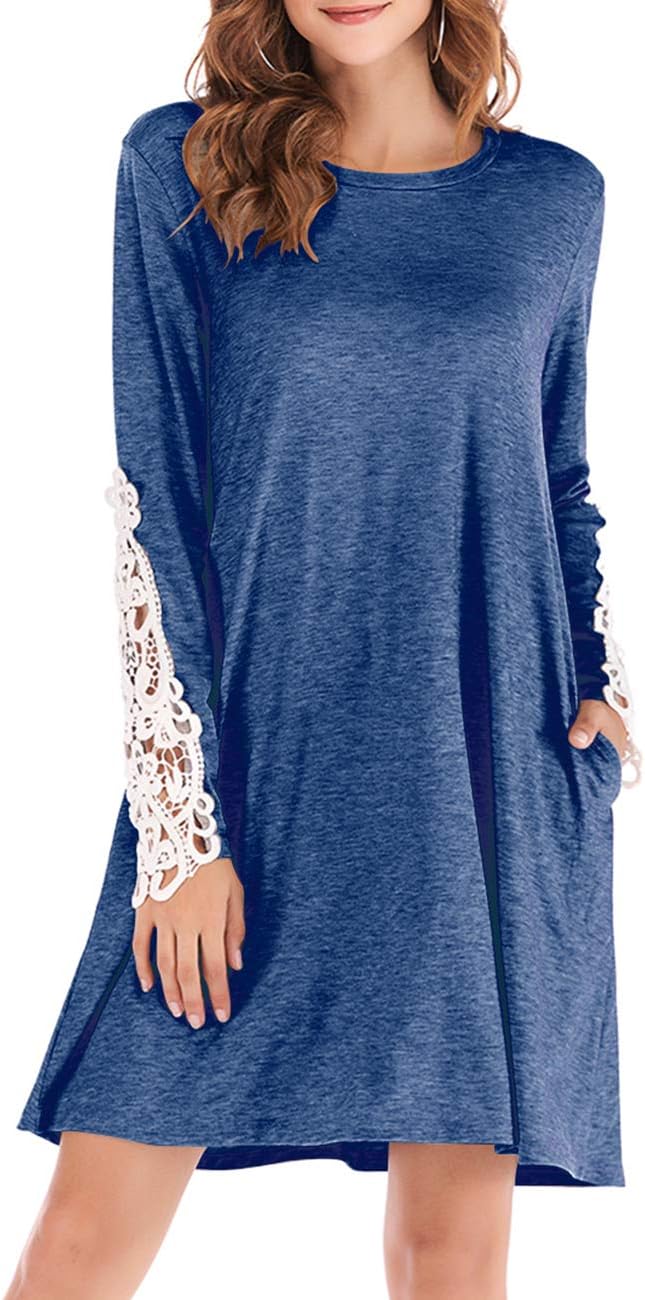 Mesitelin Women Lace Long Sleeve Tunic Dress Casual Pleated T Shirt Dress with Pockets