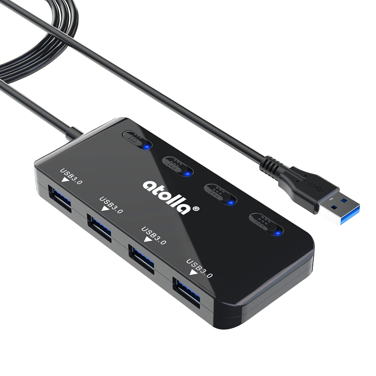 atolla USB Hub mit 4 USB 3.0 Ports, 60cm Kabel, Ultra dünn USB Verteiler mit einzelnen Power Schalter und LEDs für PC, Mac Pro/Mini, iMac, MacBook Air, Surface Pro, Flash Drives, Mobile HDD