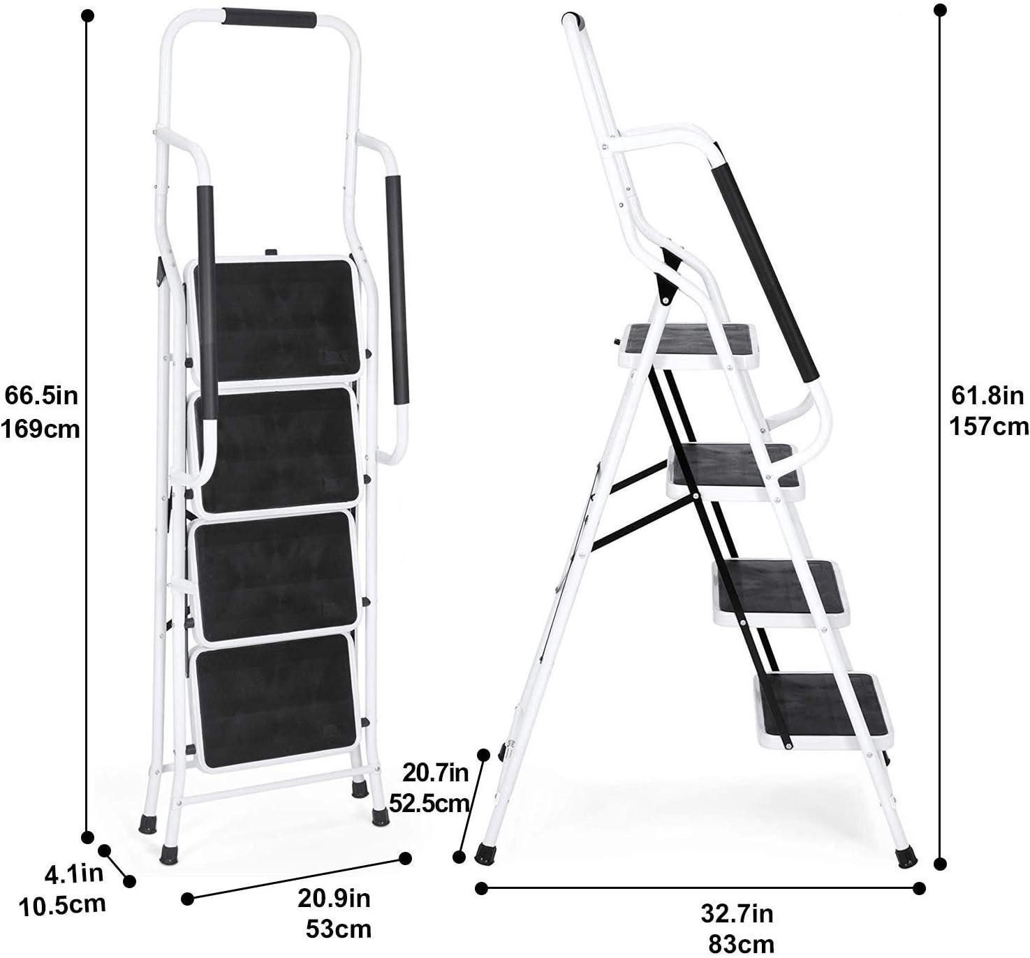 4 Step Ladder Tool Ladder Folding Portable Steel Frame MAX 500 lbs Non-Slip Side armrests Large Area Pedals Detachable ToolBag Suitable for Home Office Engineering: Home & Kitchen