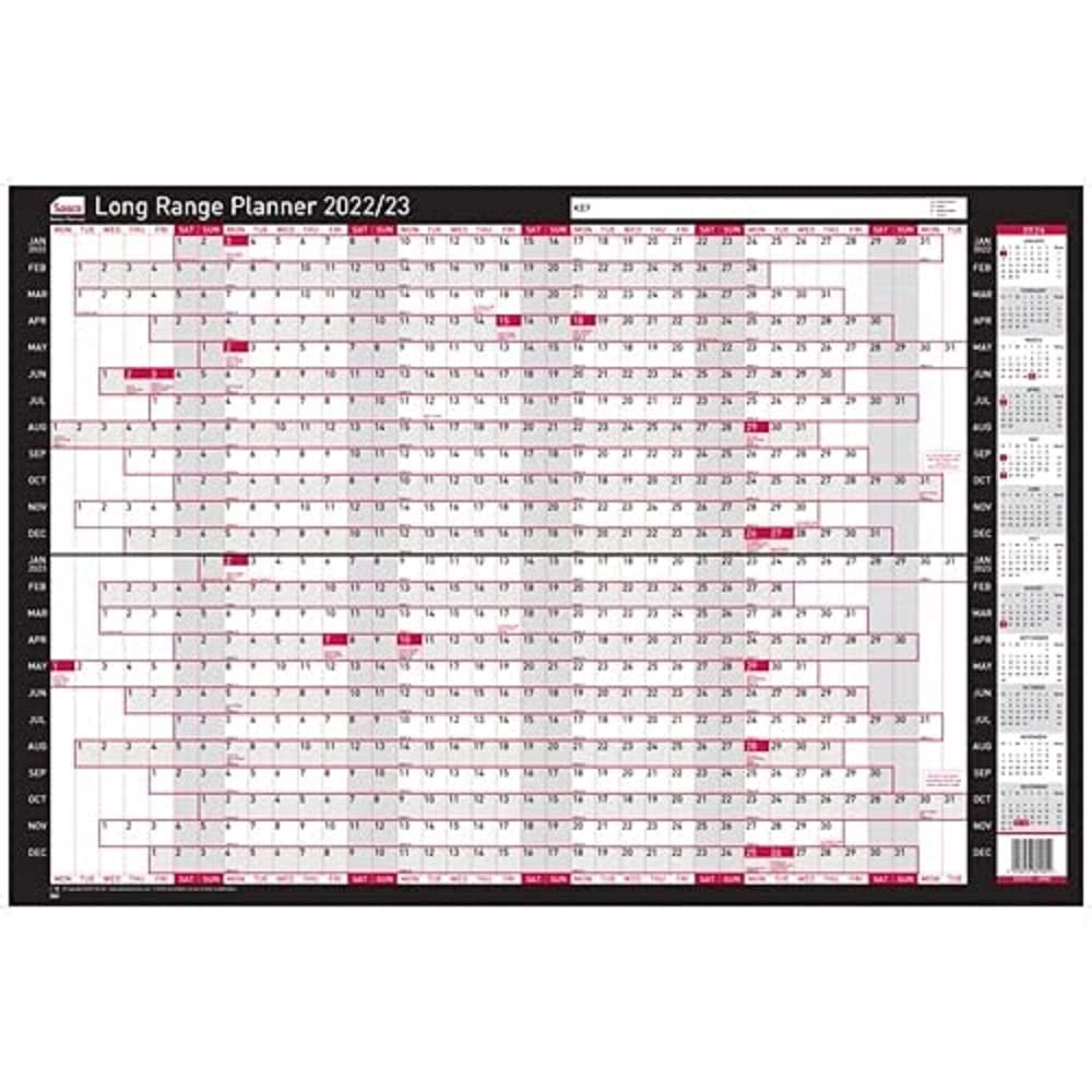 Sasco 2022/23 Long Range 2 Year Wall Planner with wet wipe Pen & sticker pack, Black & Red, Board Mounted, 915W x 610mmH, 2410170