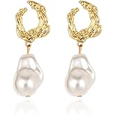 Yowivon Pearl Drop Earrings 14K Gold Plated Dangle Hypoallergenic Statement Earring Trendy Fashion Jewelry Gifts for Women Birthday Wedding