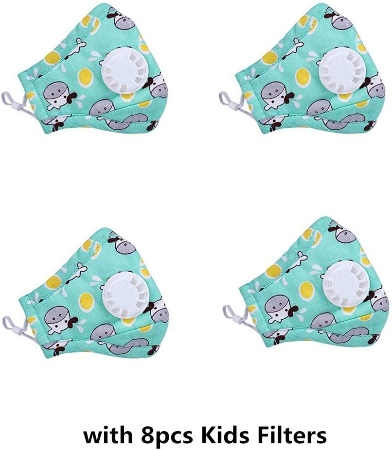 YeaFun 4pcs Breathable Mask Cute Washable Cotton Mask, Cartoon Kids Face Mask - 8pcs PM2.5 Activated Carbon Filters