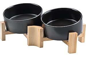 SPUNKYJUNKY 15° Slanted Ceramic Dog and Cat Bowl with Wooden Stand, Tilted Bulldog Food and Water Bowl No Slip Non-Spill for Cats Medium Dogs Big Face Pets 13.5 OZ (1.7 Cups, Black × 2)