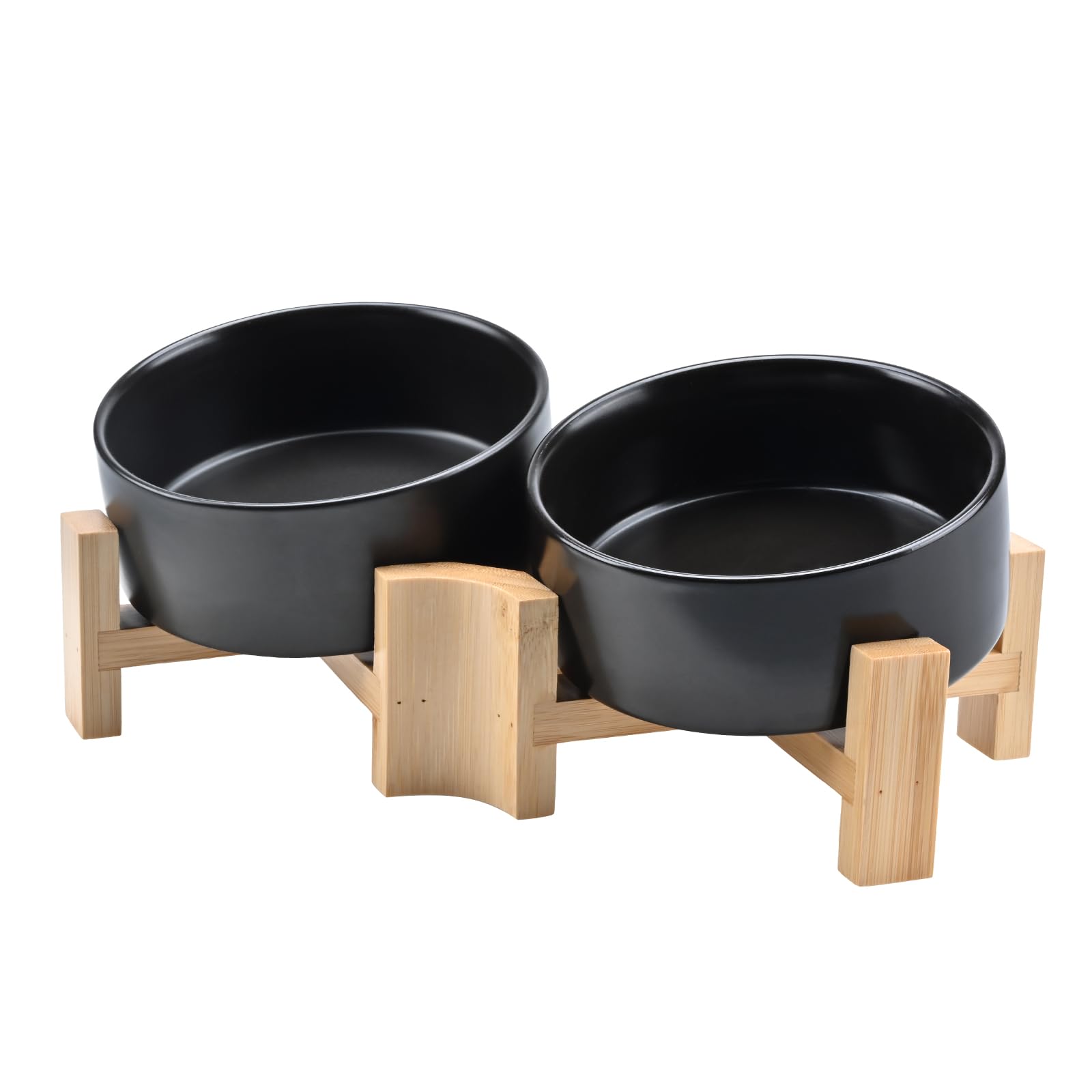 Photo 1 of SPUNKYJUNKY 15° Slanted Ceramic Dog and Cat Bowl with Wooden Stand, Tilted Bulldog Food and Water Bowl No Slip Non-Spill for Cats Medium Dogs Big Face Pets 13.5 OZ (1.7 Cups, Black × 2)