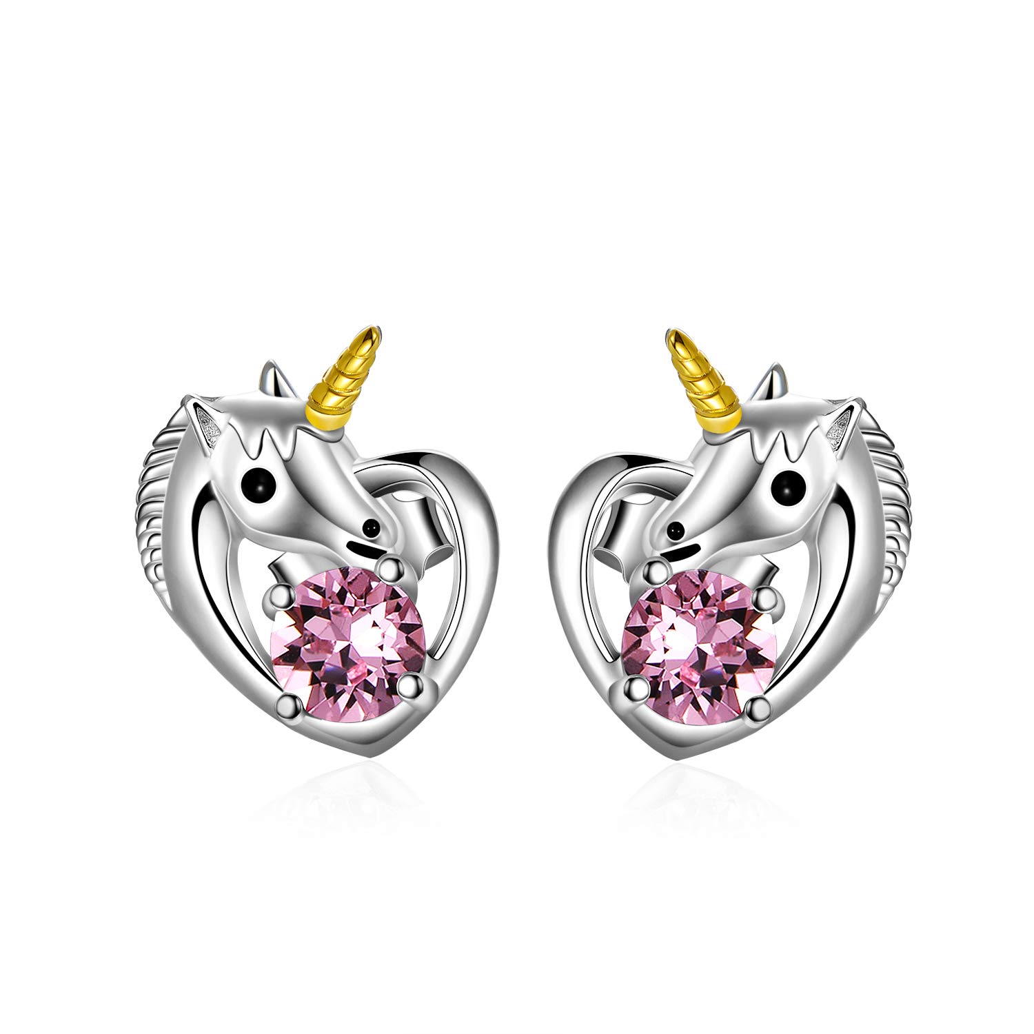 AOBOCO 925 Sterling Silver Unicorn Earrings for Girls Women Cute Crystal Heart Studs Gifts for Daughter