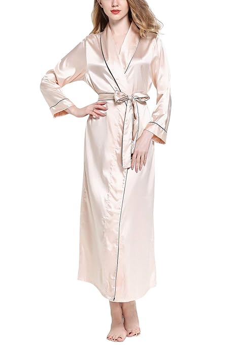 YAOMEI Damen Morgenmantel Bademäntel Satin Kimono, Lang Nachtwäsche Nachthemd Robe Kimono Negligee locker Schlafanzug für Spa