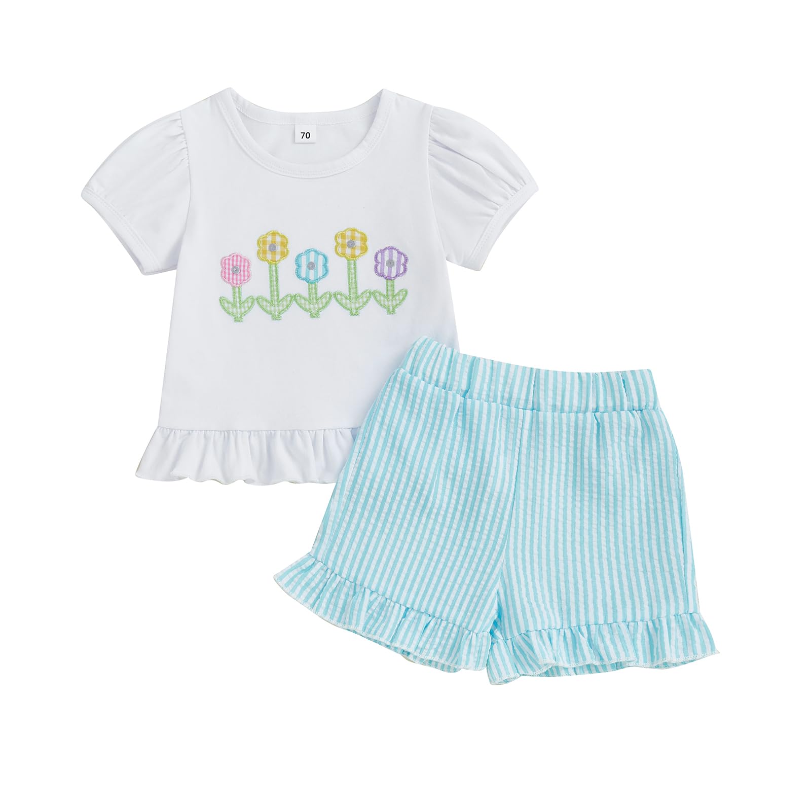 Photo 1 of Kupretty Baby Girl Summer Clothes Toddler Short Sleeve Embroidery Smocked Shirts T-shirt + Gingham Ruffle Shorts Set (Baby Blue, 3-4T)
