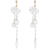 Kruckel Flower Blossom Long Drop Dangling Earrings - Golden Stud Lighweight with White Pearls Hanging, Women Jewelry, Easy - Wear Fashion Design Accesory Packed with Durable Jewelry Box