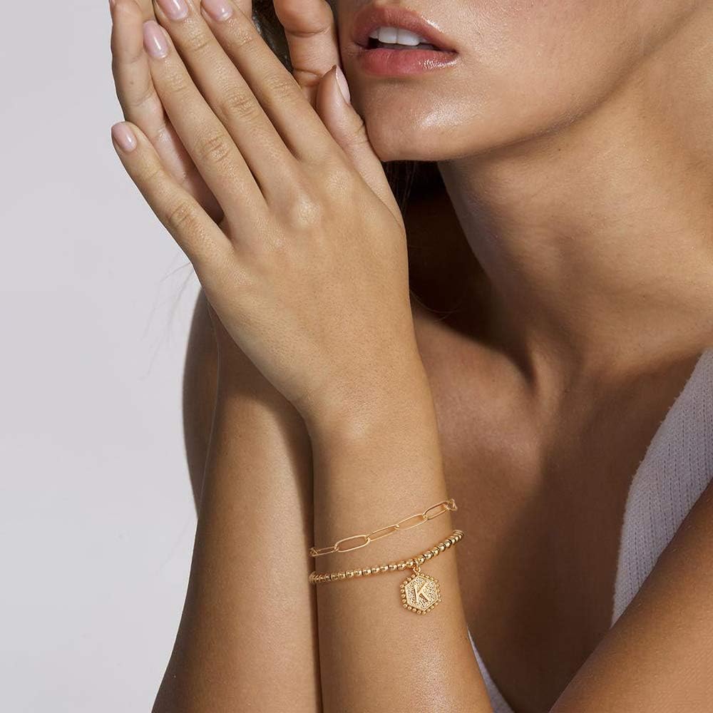 IEFWELL Dainty Gold Charm Bracelets for Women, 14K Gold Plated Bead Bracelet Letter K Paperclip Link Bracelets for Her Dainty Gold Charm Bracelets for Women Jewelry: Jewelry