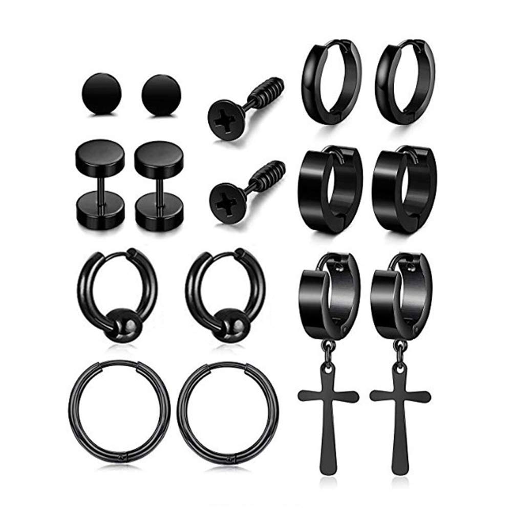 8 Pairs Stainless Steel Cross Earrings,Cross Dangle Hoop Earrings,Hoop Hypoallergenic Tiny Stud Earrings Set Piercing for Men Women Black