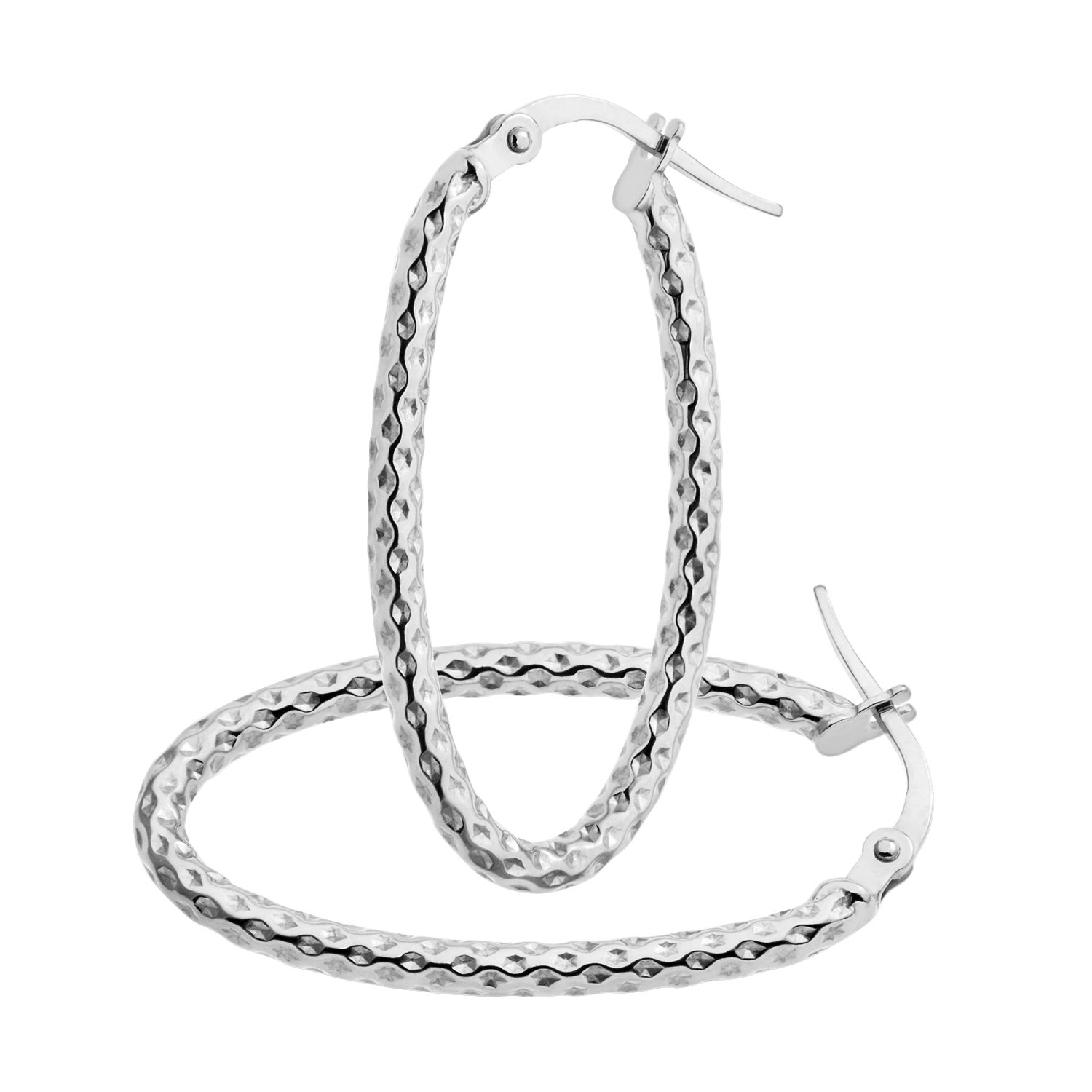 9ct White Gold Earrings – Fine Diamond Cut Textured Hoop Women’s Earrings - by Elegano