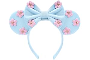 LYLIN Mouse Ears Headbands, Princess Mouse Ears with Sequin Bow for Women Girls Adults, Sparkle Mouse Ears Hair Accessories for Birthday Parties Cosplay Accessories Party Decorations(Blue Flower)