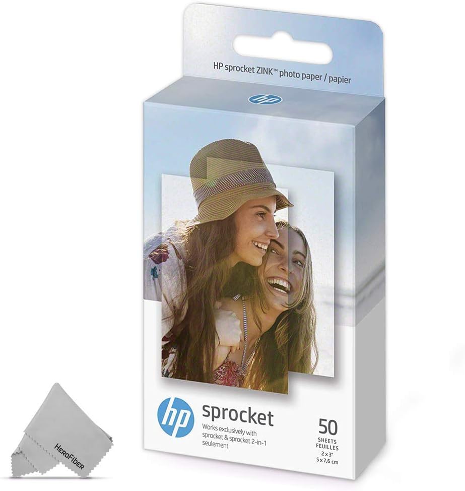 50 HP Sprocket Photo Paper Sheets, Exclusively for HP Sprocket Portable Photo Printer, (2x3-inch), Sticky-Backed Sheets + HeroFiber Ultra Gentle Cleaning Cloth