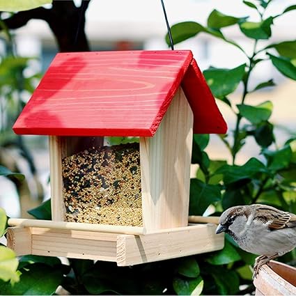 Pl Wooden Bird Seed Feeder Log Cabin Bird Feeder Color Red