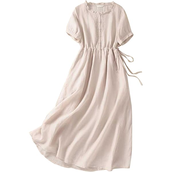 Womens Short Sleeved Cotton Linen Drawstring Long Dress