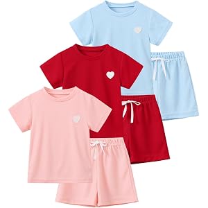 Fdqin 3 Pack Girls Summer Outfits Sets Kids Clothes Short Sleeve T-Shirt and Elastic Waist Shorts Heart Cute Girl Sets