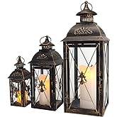 TRIROCKS Set of 3 Decorative Hanging Lantern 19'' High Vintage Metal Candle Holder with Tempered Glass Perfect for Living Roo