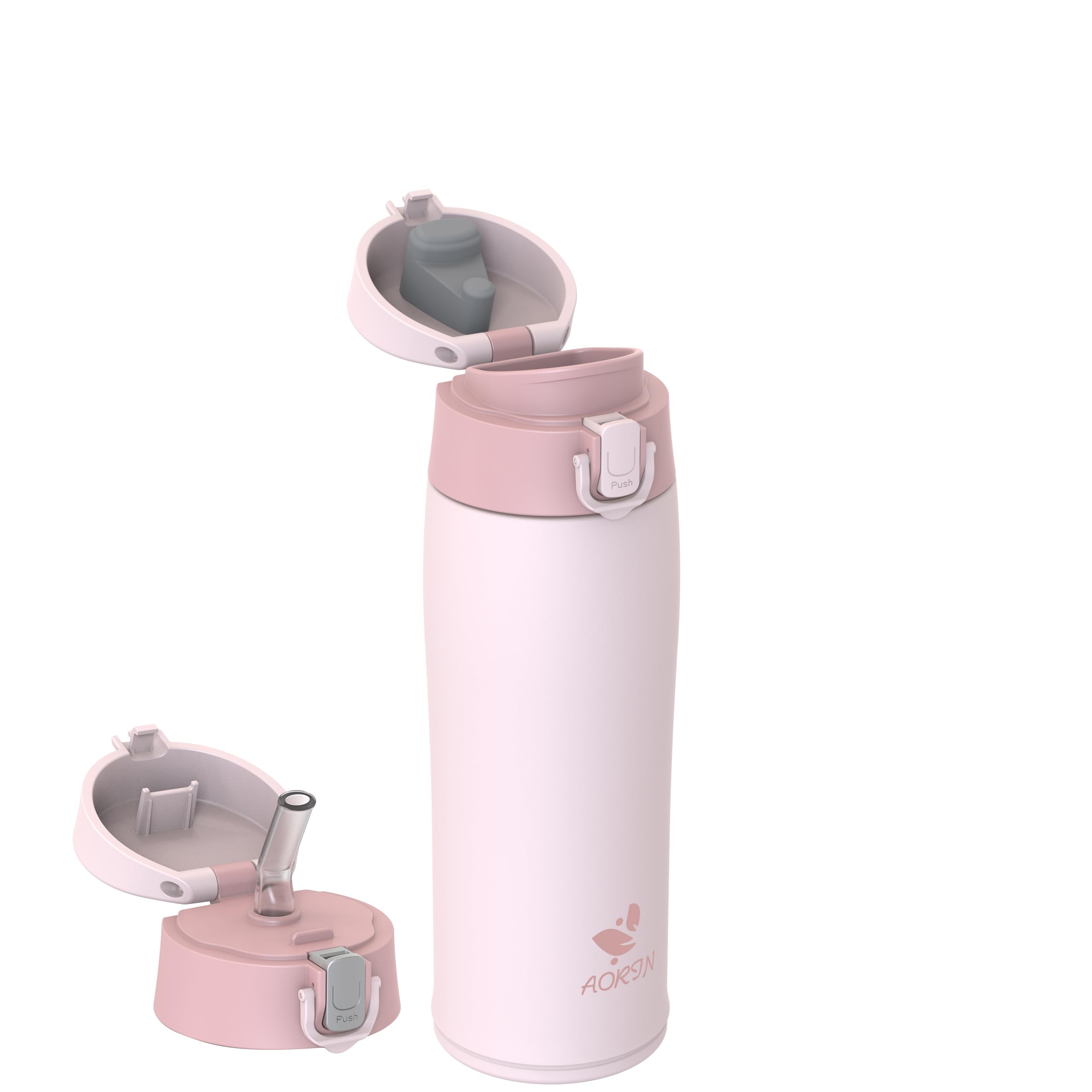 AORIN 18/8 Stainless Steel Water Bottle with 2 Lids, 500ml, Vacuum Insulated Metal Bottle, Leakproof Drinks Bottle, BPA Free, Hot & Cold Compatible, Portable Flask for Gym, Sport, Daily