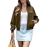 AMZANGEL Women's Zip up Bomber Jacket Cropped Oversize Long Sleeve Drop Shoulder Casual Jackets with 4 Pockets