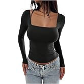 winkbay Women's Long Sleeve Fitted Tops Fall Ruched Square Neck Dressy Casual T Shirts Basic Tees