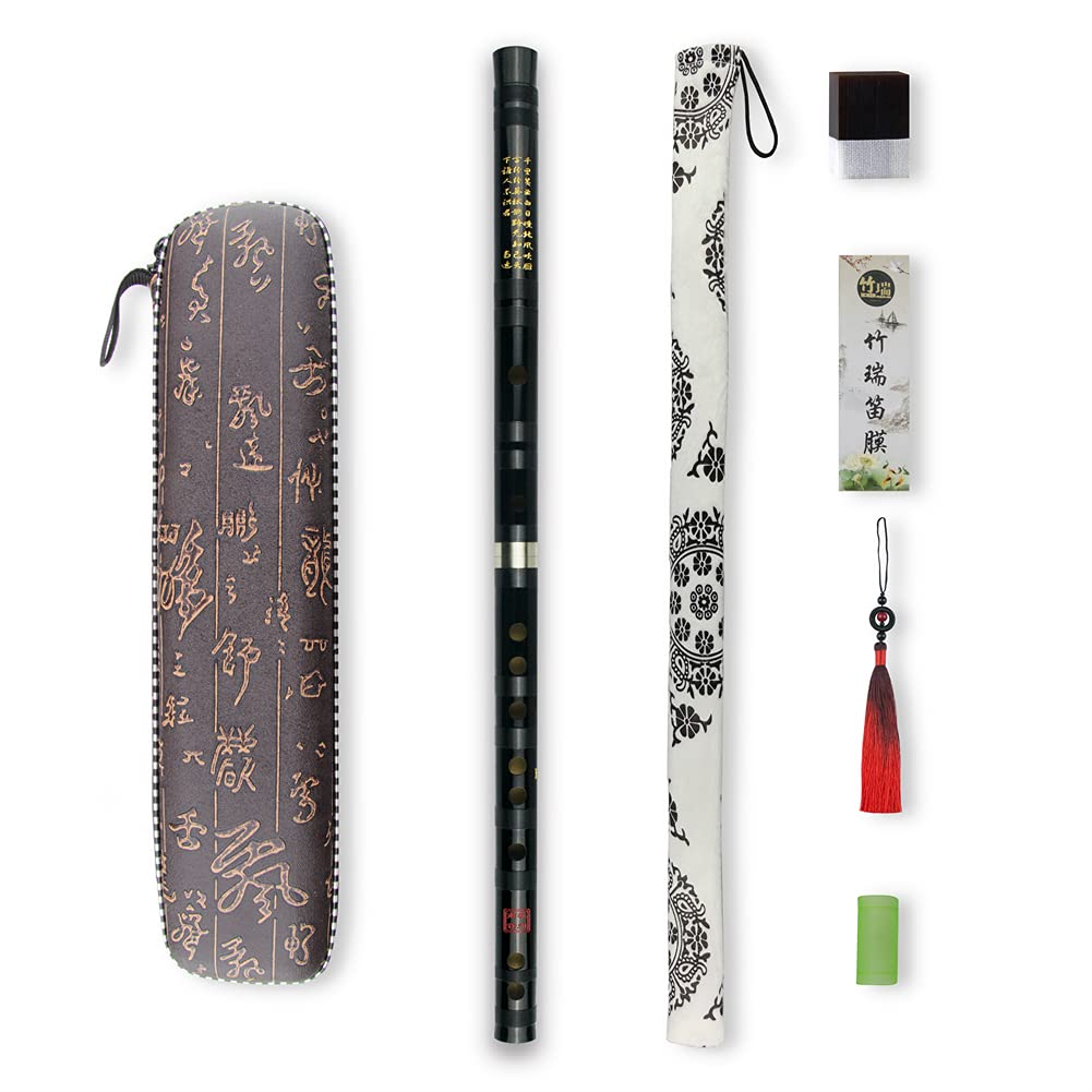 Photo 1 of *** HAS MINOR DAMAGED (CRACKED ONE 1 END)*** C Key Dizi Black Bitter Bamboo Flute Chen Qing Flute with Free Membrane & Glue & Protector Set Traditional Chinese Instrument (Key of C/Bitter Bamboo Black +Red)