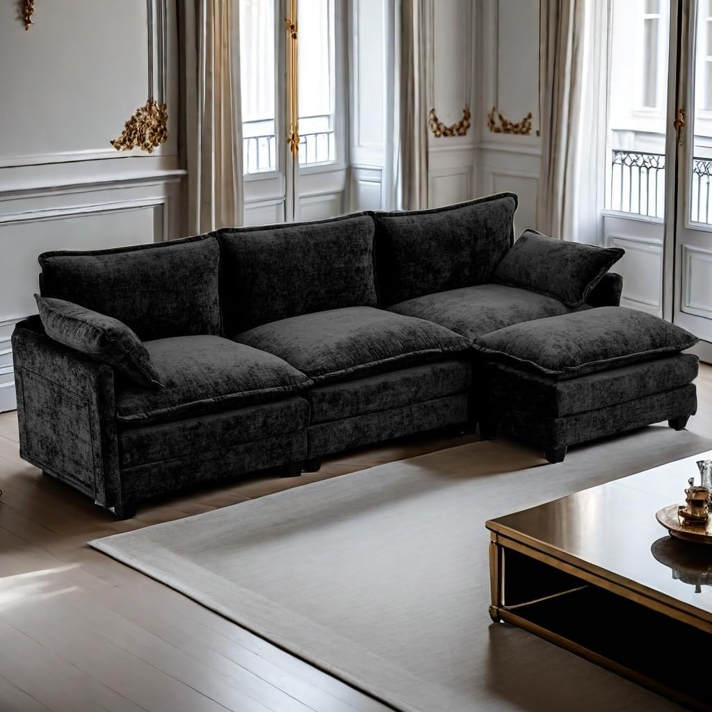 Photo 1 of **PARTIAL SET** GlasFlength Modular Sectional Couch, Comfy Cloud Couchs with Ottoman/Pillows, 113" 3-Seat Sleeper Deep Seat Sofa, L Shaped Sectional Couch for Living Room, Bedroom, Apartment, Black