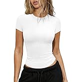 Hragc Womens Crew Neck Ribbed Skim Short Sleeve Fitted T Shirts Casual Basic Tight Tees Stretchy Tops for Women