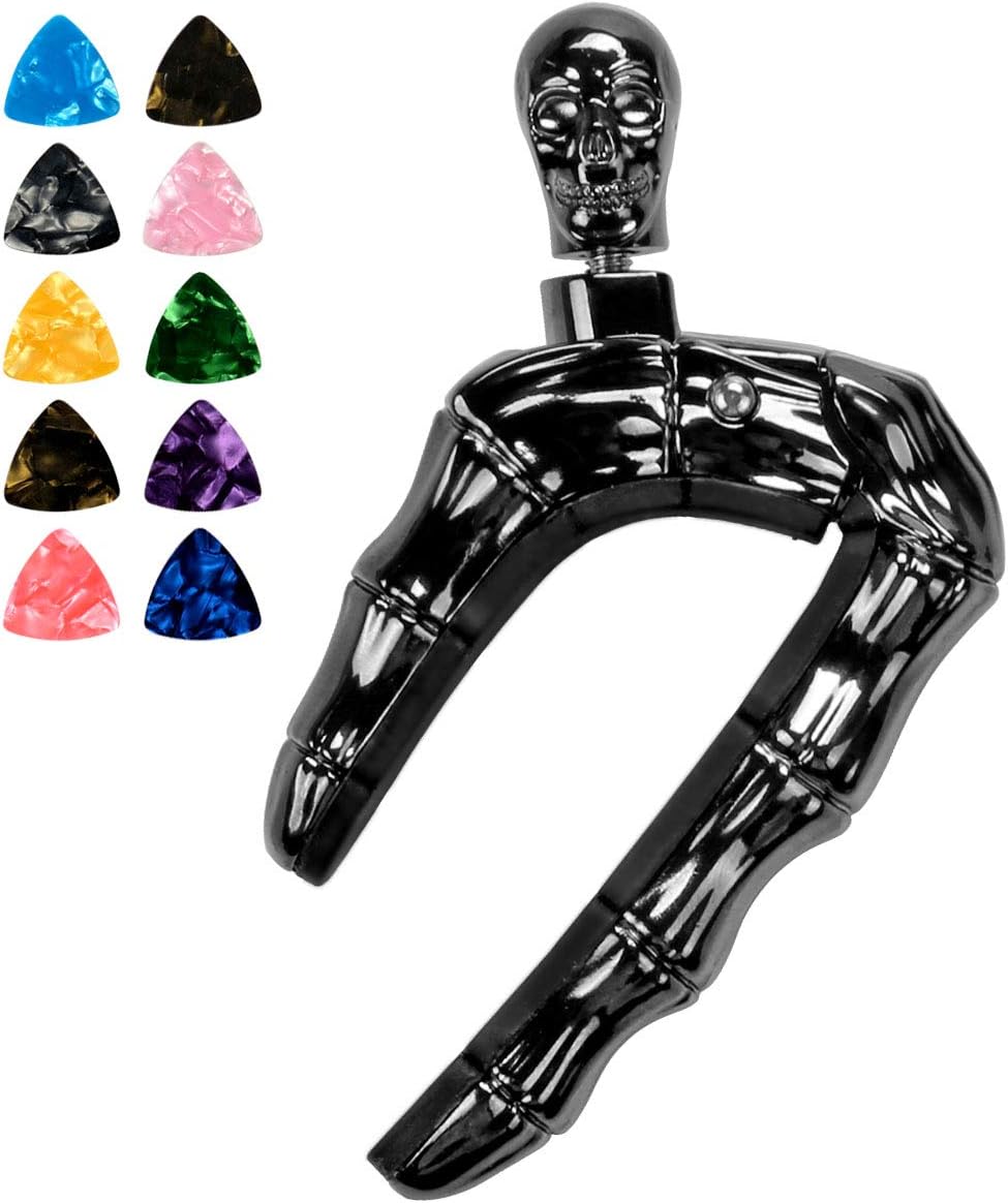 Skull Capo For Guitar,Zinc Alloy Guitar Capo Kyser Guitar Tuner,Universal Guitar Capo With 10 Free Picks,Unique Design Skull Knob Capos For Acoustic Electric Guitars Ukulele &More(Black)
