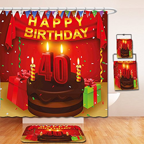 Nalahome Bath Suit: Showercurtain Bathrug Bathtowel Handtowel 40th Birthday Decorations Party Set Up with Flags Chocolate Cake Ribbons and Confetti Rain Multicolor