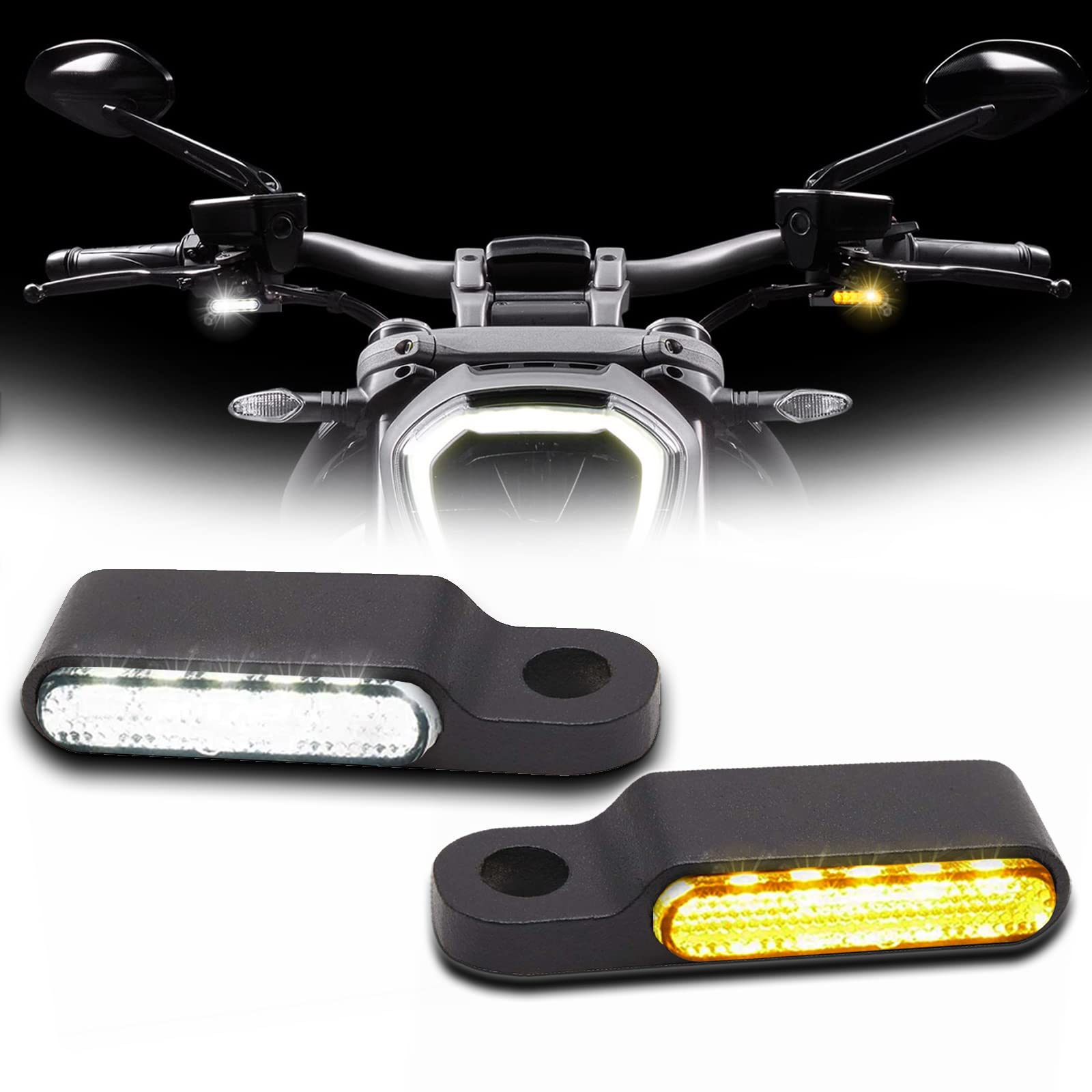 Photo 1 of DREAMIZER Universal Motorcycle Handlebar LED Flowing Water Turn Signal Mini Blinkers Front Running light Compatible with Harley Honda Yamaha Kawasaki Cafe Racer Cruiser Street Bikes (Black)