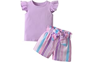 3PCS Toddler Infant Baby Girls Summer Outfits Set Sleeveless Solid T-Shirt Tops Colored Stripes Shorts Waist Belt
