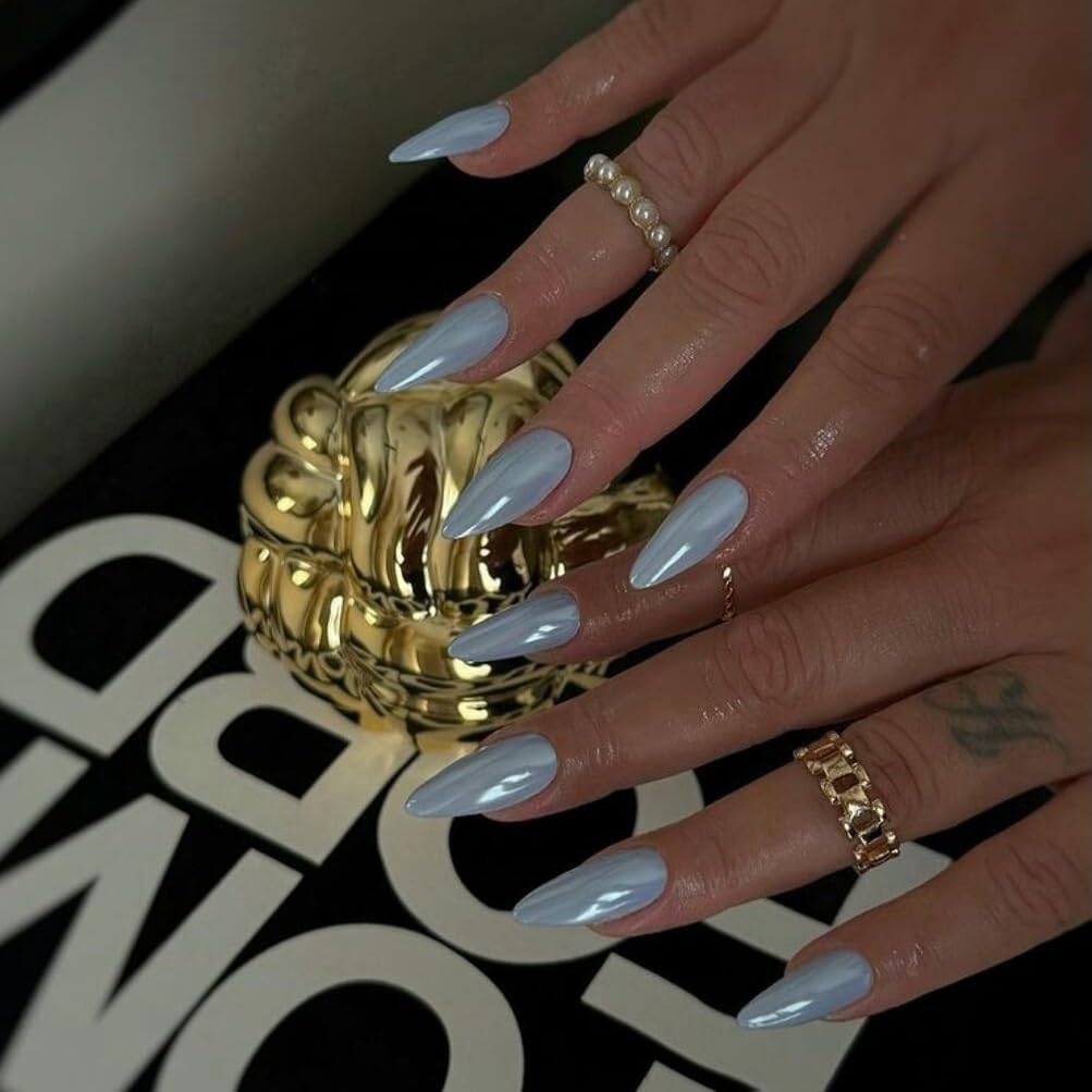 Baby Blue Press On Nails Almond - KQueenest Chrome Press On Nails Medium, Sparkle Fake Nails Press on Mirror Shine, Glazed Glue on Nails Medium Stiletto, Reusable Stick On Nails for Women - Image 2